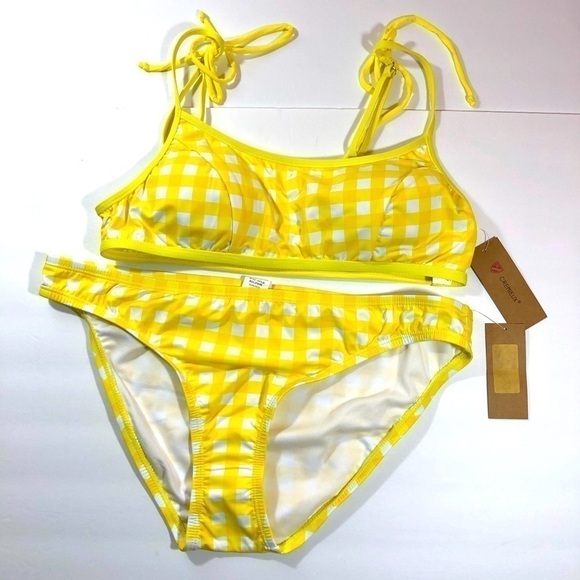 Cremiux Yellow Check 2 Piece Swimsuit L - Picture 2 of 12
